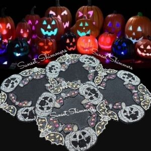 x4 Tahari Jack Pumpkin Bats Jeweled Beaded Jute Placemat Chargers Halloween New